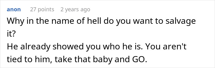 A comment on a screen, advising a woman to leave a man who does not see a donor baby as his daughter.