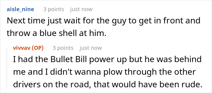 A screenshot of Reddit comments discussing road rage incidents, including Mario Kart references. Driver cut off incident.