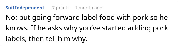 A Reddit comment advises to label food with pork to avoid issues for a Muslim roommate eating bacon fat.