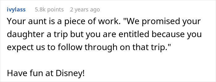 A Reddit comment from ivylass about disappointing gifts, criticizing an aunt for not following through on a promised trip.