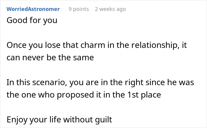 Screenshot of an online comment discussing relationship challenges after husband proposes open marriage and refusal to close it. Screenshot of an online comment discussing relationship challenges after husband proposes open marriage and refusal to close it.