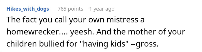 Screenshot of an online comment criticizing a cheater for calling their mistress a homewrecker and bullying over having kids.