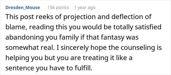 Comment discussing projection and blame in a cheater&rsquo;s story about chasing a fantasy and facing harsh life lessons.