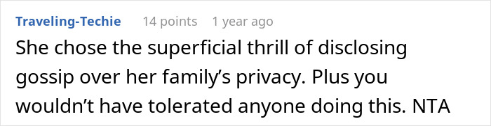 Text post on a social media platform discussing family privacy and the impact of revealing gossip about a CEO hiring her sister.