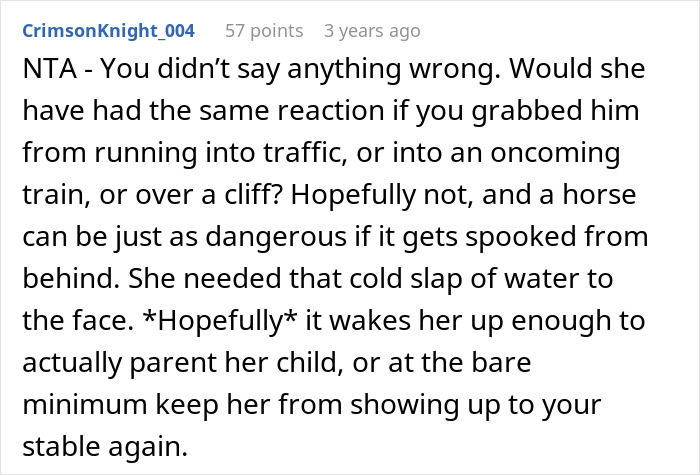 Text from a Reddit post discussing a disruptive kid at a stable and his toxic mom escalating things.