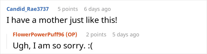 Screenshot of an online comment where a woman shares a crazy story about her mom, resembling a soap opera.