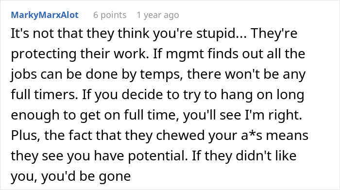 Reddit comment discussing management chewing out a worker for going the extra mile instead of thanking them.