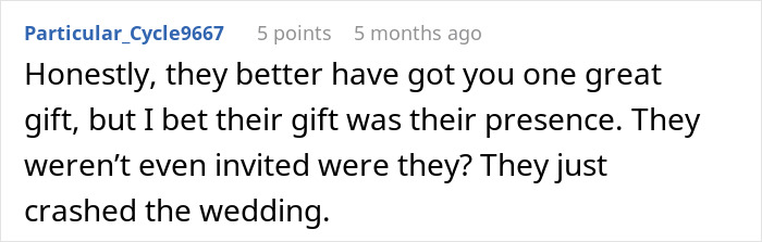 A Reddit comment discussing wedding crashers and the entitlement of strangers at a main wedding table, taking a bride's mother's place.