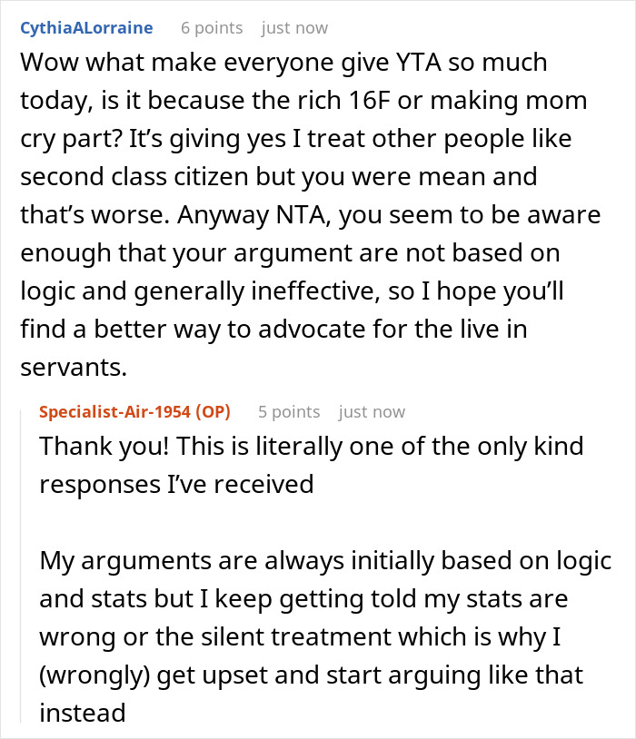 Online conversation showing a debate about a wealthy mom treating house help as family but making them stay in a shed.