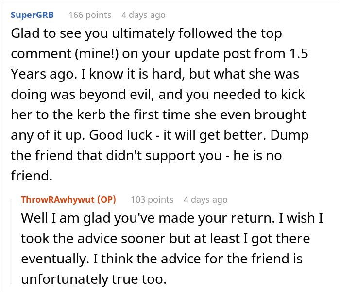 A Reddit post with comments, one user expressing relief the OP finally snoops on her phone after a gut feeling about his wife.