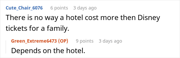 Screenshot of a Reddit conversation where a user debates family discomfort after refusing to leave a house.