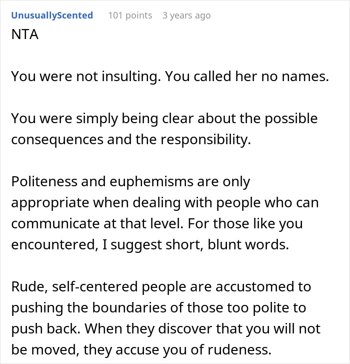 An online comment defends blunt communication with a disruptive kid's toxic mom, suggesting clear words for rude individuals.