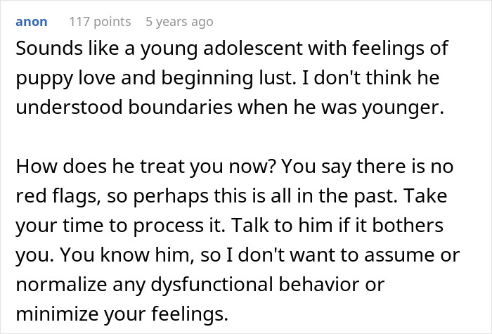 Screenshot of an online comment discussing a man&rsquo;s creepy confession and its impact on a girlfriend&rsquo;s relationship doubts.