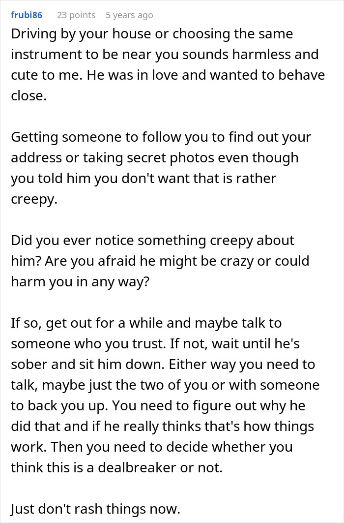 Comment discussing creepy confession and relationship doubts based on disturbing behavior and trust issues.