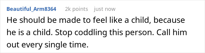 Comment text about rude man snatching things without asking and feeling like a child while coworker berates him.