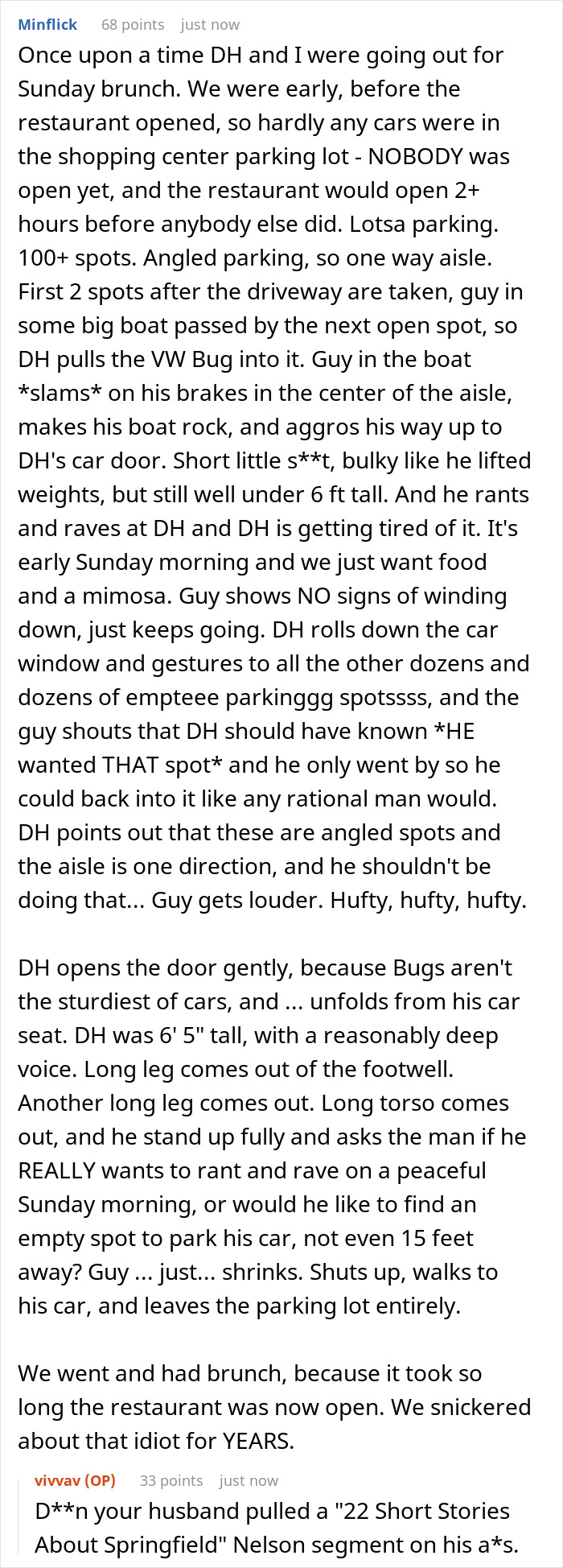 A Reddit post describing a driver humiliated after trying to get a guy fired for cutting him off.