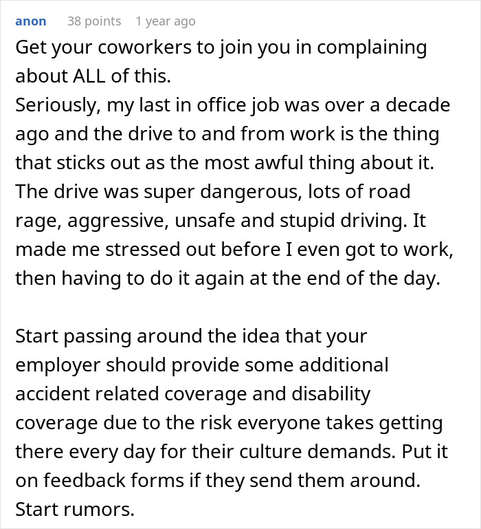 Comment discussing stressful and dangerous commute experiences after work from home was canceled, warning about road rage risks. Comment discussing stressful and dangerous commute experiences after work from home was canceled, warning about road rage risks.