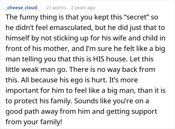 A Reddit comment discussing a man feeling emasculated by his donor baby, leading to family issues and a call for support.