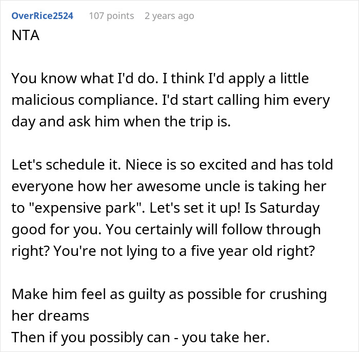 Reddit comment suggesting malicious compliance to confront an uncle for gifting kids pictures instead of reality.