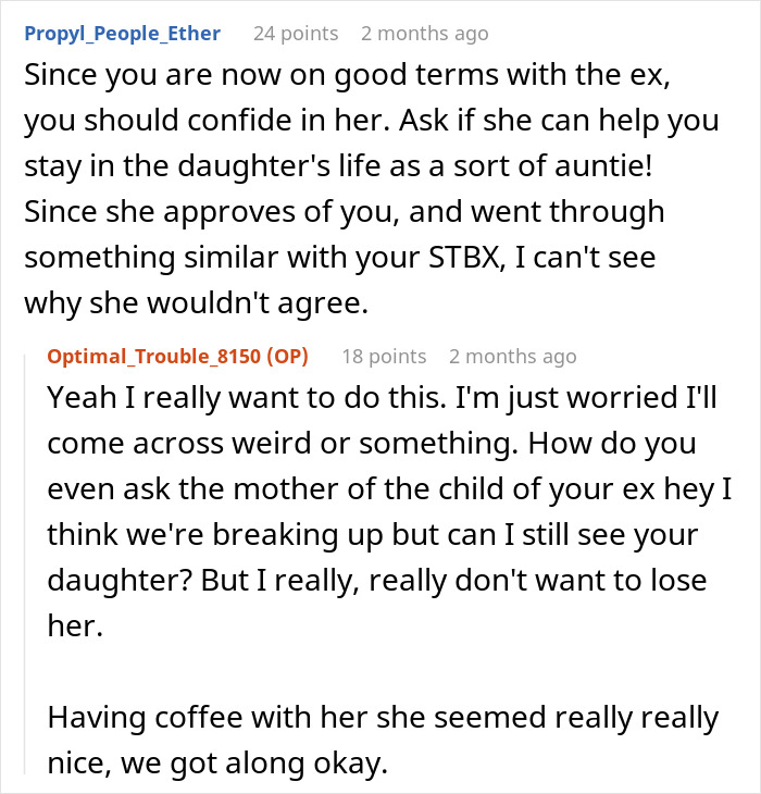 Online conversation showing a woman confused by boyfriend’s ex being difficult, then meeting her and finding out she is not the problem. Online conversation showing a woman confused by boyfriend’s ex being difficult, then meeting her and finding out she is not the problem.
