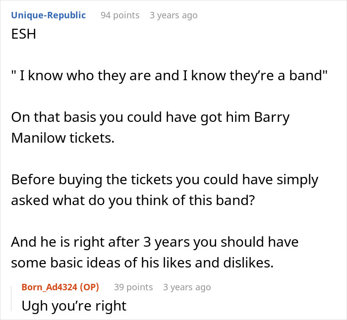 Comment discussing a woman buying concert tickets for her boyfriend who loves bands and his emotional reaction.