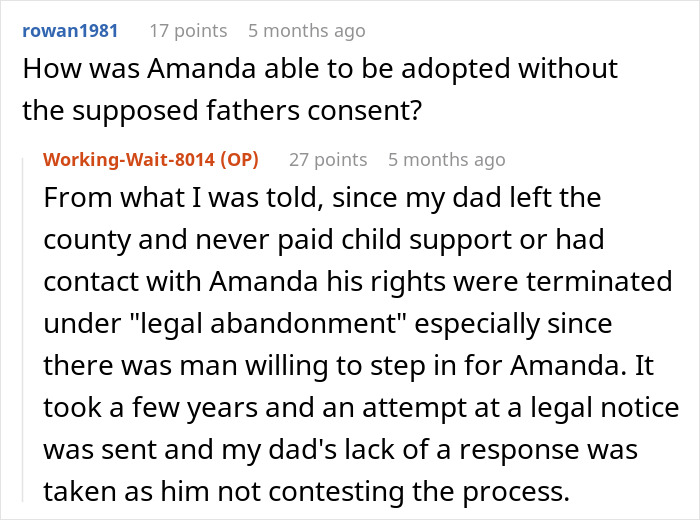 Discussion thread showing a complex family dynamic involving DNA tests and disputes over child support rights.