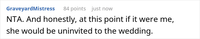 Comment about woman facing dilemma after mother controls sleeping arrangement with wife-to-be, expressing frustration and wedding decision.