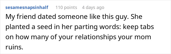 Comment discussing how a mom's possessiveness ruins her son's relationships, referencing a birthday party conflict.