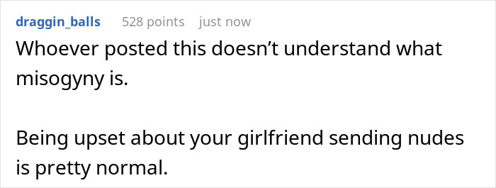 Text comment about misunderstanding misogyny and being upset over a girlfriend sending nudes, posted in an online discussion.