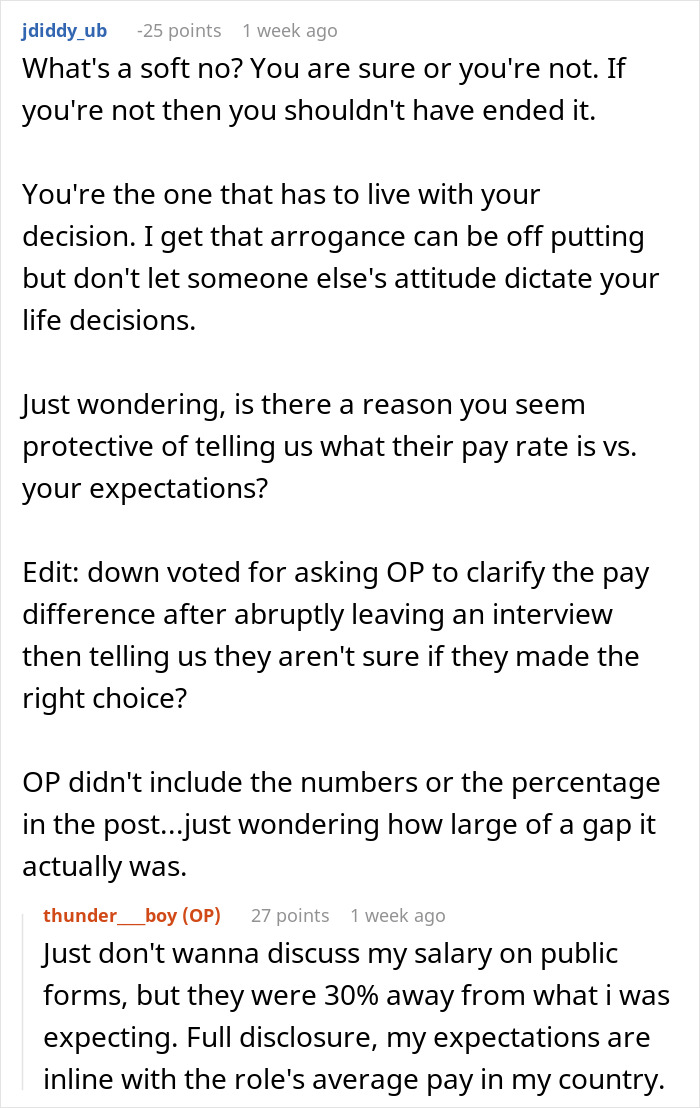 Screenshot of Reddit comments debating a job candidate's choice to hang up mid-interview due to a low offer.