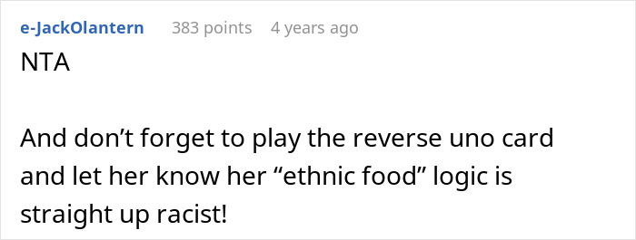 Reddit comment calling out racist 'ethnic food' logic in a situation involving trying to transition her son into vegan.