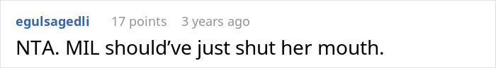 A Reddit comment with 17 points, 3 years old, stating NTA. MIL should've just shut her mouth. DNA test.