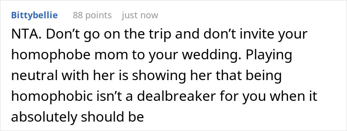 Screenshot of an online comment discussing a woman&rsquo;s dilemma about her mother controlling her sleeping arrangement with her wife-to-be.