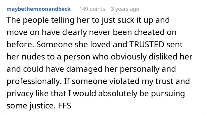 User comment on pain of being cheated on and sharing nudes without consent