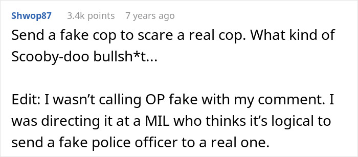 Comment discussing a homophobic MIL sending a fake cop to confront her son&rsquo;s boyfriend who is a real police officer.