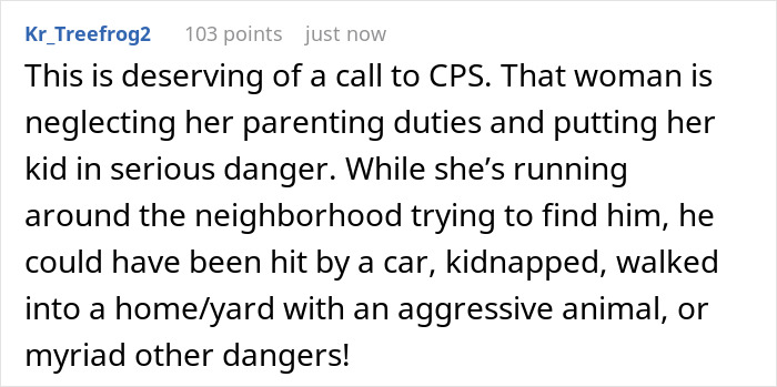 Comment warning about 3YO toddler escaping home and running inside neighbor&rsquo;s house, highlighting parental neglect and danger.