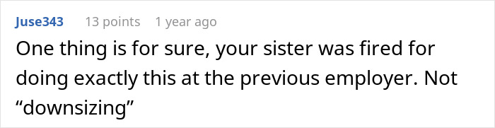 Screenshot of a forum comment revealing the real reason the sister was downsized before being hired by the CEO.