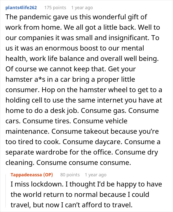 User comment discussing loss of work from home benefits and challenges of commuting after WFH was canceled. User comment discussing loss of work from home benefits and challenges of commuting after WFH was canceled.