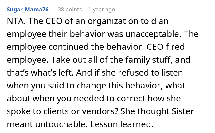 Text post showing a discussion about a CEO firing an employee and family dynamics after hiring her sister.