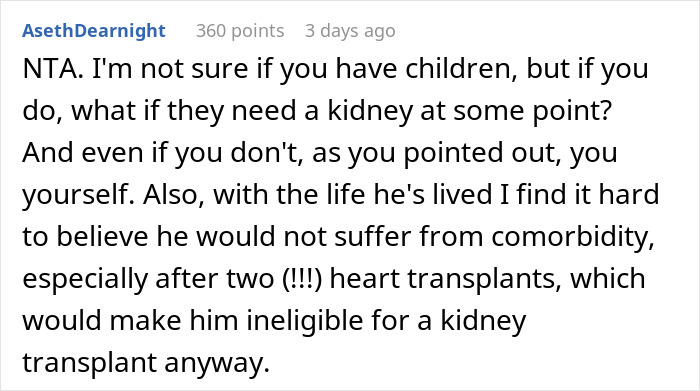 Comment discussing refusal to donate kidney to 77-year-old dad, mentioning health risks and transplant eligibility concerns.
