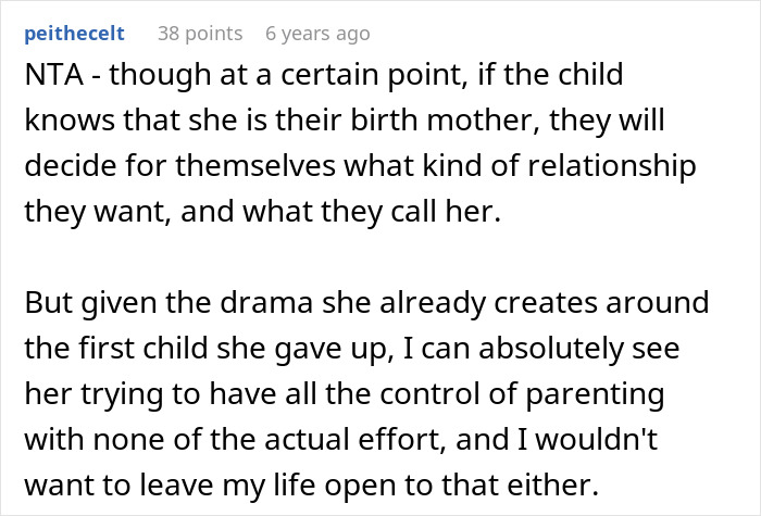 Comment discussing a woman wanting her baby adopted by her brother and the ensuing parenting conflict with sister-in-law. Comment discussing a woman wanting her baby adopted by her brother and the ensuing parenting conflict with sister-in-law.