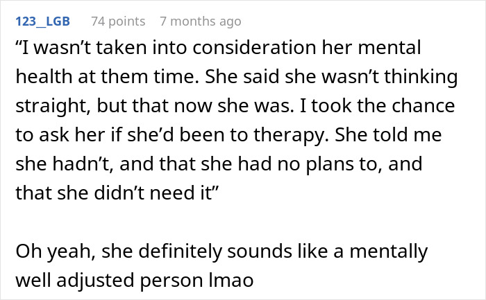 Comment expressing doubt about mental health in a wife divorcing husband during cancer and asking for second chance.