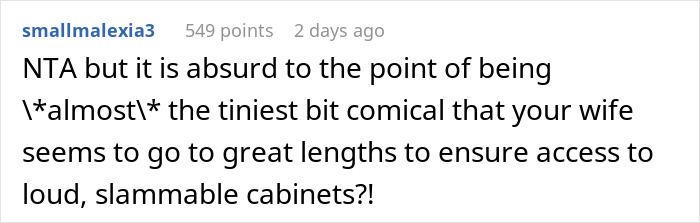 Comment discussing frustration over loud, slammable cabinets and a wife&rsquo;s reaction to rubber being superglued on them.