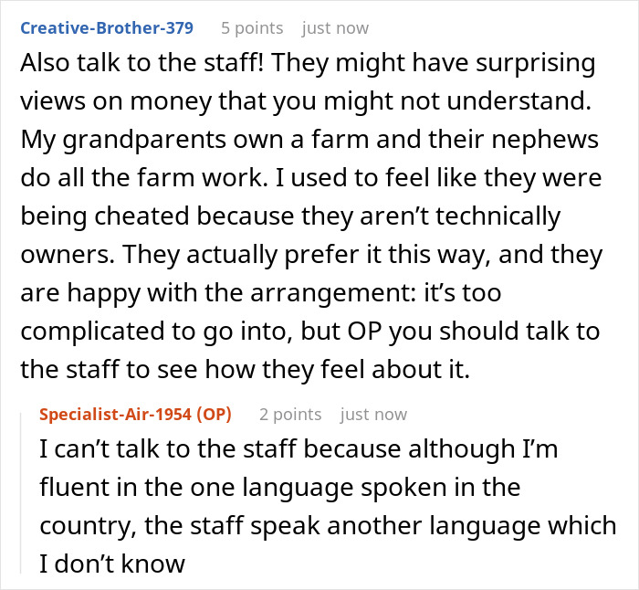 Screenshot of an online discussion about a wealthy mom&rsquo;s hypocrisy toward house help seen as family but living in a shed.