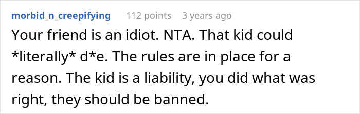 A comment suggesting a disruptive kid should be banned for safety, impacting a toxic mom's escalation.