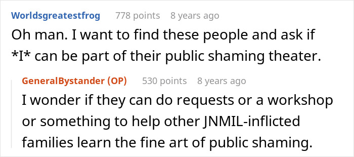 Screenshot of a Reddit conversation discussing public shaming related to MIL using her emergency key unannounced.