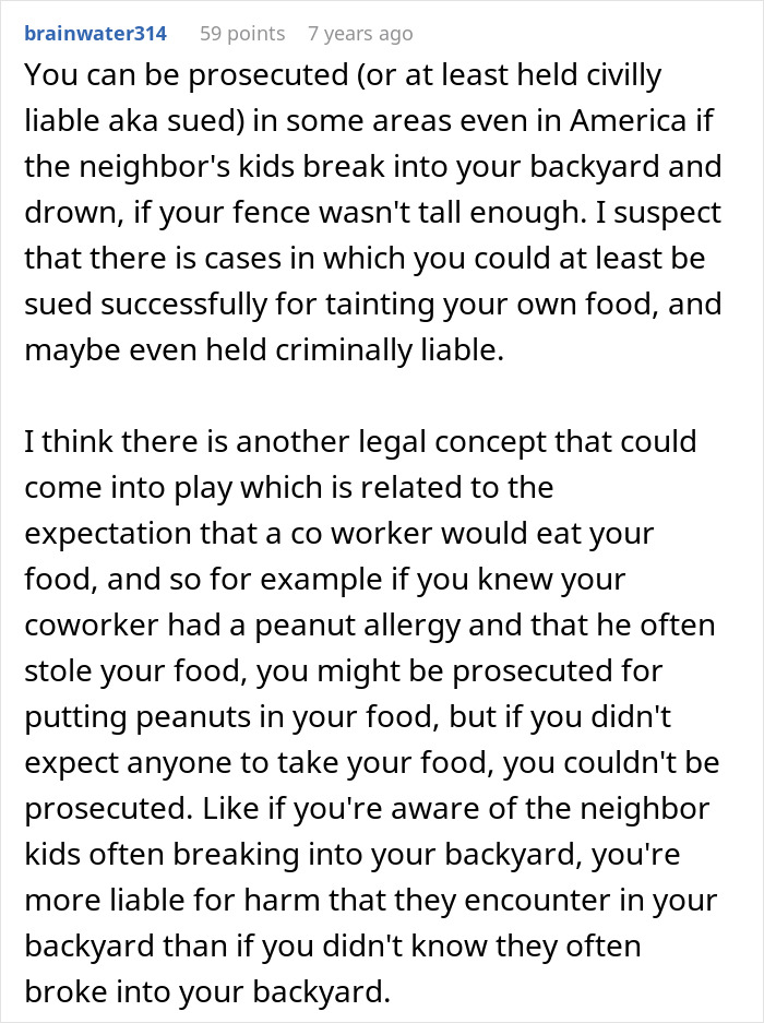 A Reddit comment discussing legal implications for a food thief, touching on liability if a coworker's iced sweet tea was tainted.