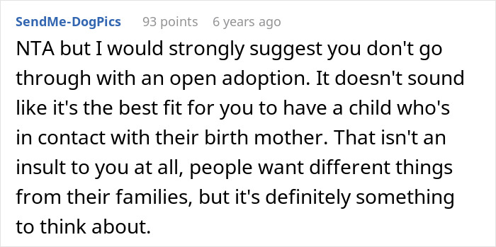 Comment advising against open adoption, discussing mother's contact and family preferences in adoption disputes. Comment advising against open adoption, discussing mother's contact and family preferences in adoption disputes.
