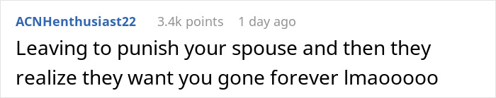 A comment, ACNHenthusiast22, with 3.4k points, shares an opinion on the wife's decision to quit the marriage.