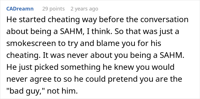Man Calls Wife Selfish For Refusing To Become A SAHM While Cheating On Her The Entire Time